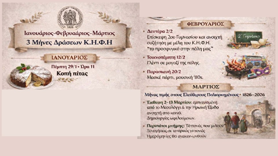 Τρίμηνο δράσεων από το Κ.Η.Φ.Η. Δήμου Ιεράς Πόλεως Μεσολογγίου (Ιανουάριος - Φεβρουάριος - Μάρτιος)
